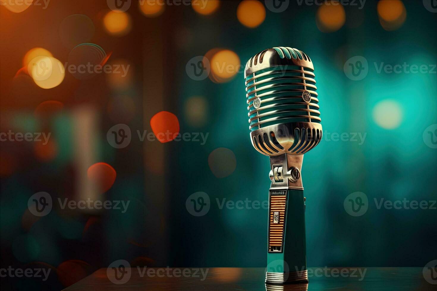 Generative AI, retro audio microphone on stage, blurred lights background photo