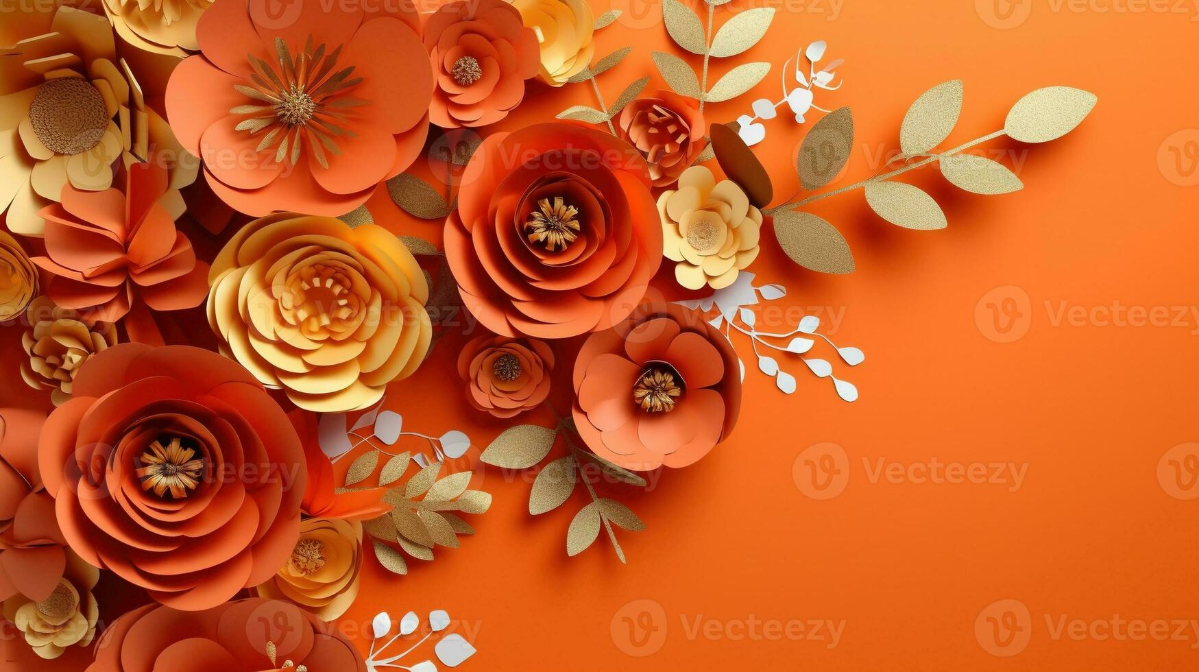Generative AI, Paper cut craft flowers and leaves, apricot crush orange color, origami textured background, spring mood. Floral frame layout.. photo