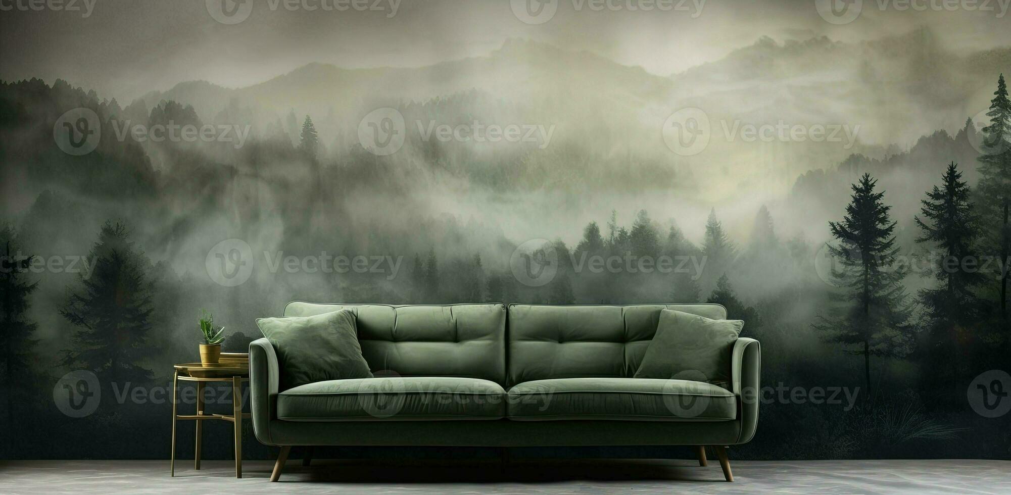 Generative AI, Interior design with couch, sofa and wallpaper of fir forest beautiful landscape in hipster vintage retro style, foggy mountains and trees. photo