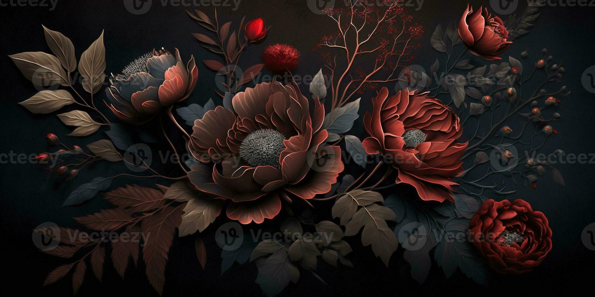 Generative AI, Close up of blooming flowerbeds of amazing red color flowers on dark moody floral textured background. Photorealistic effect.. photo