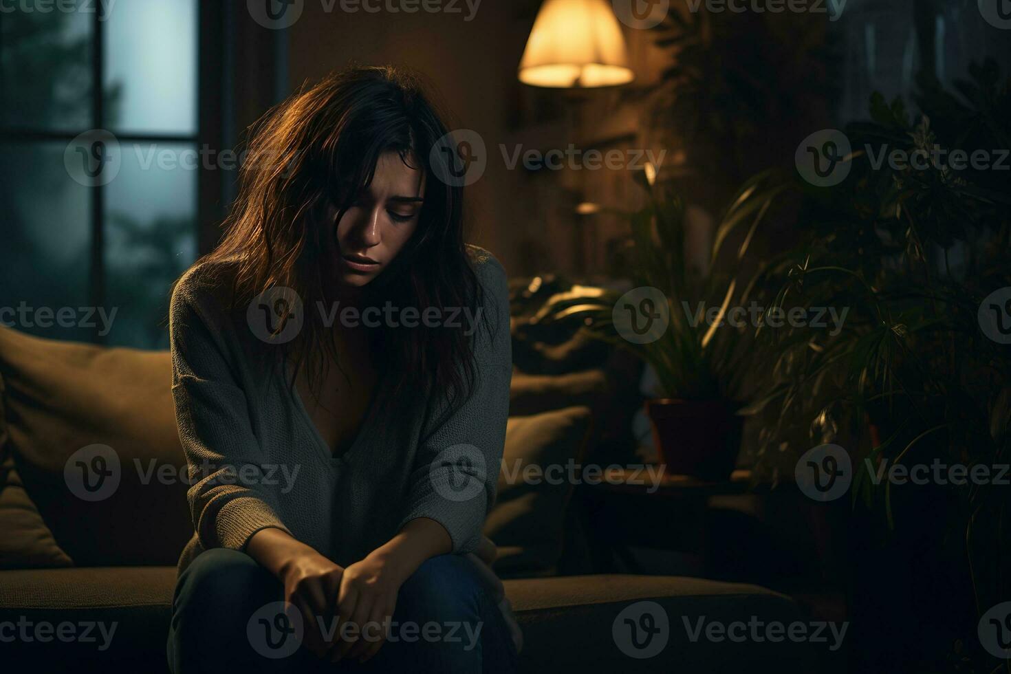 Generative by AI. Sad woman suffering depression insomnia awake and sit alone in the living room. sexual harassment and violence against women, health concept. photo