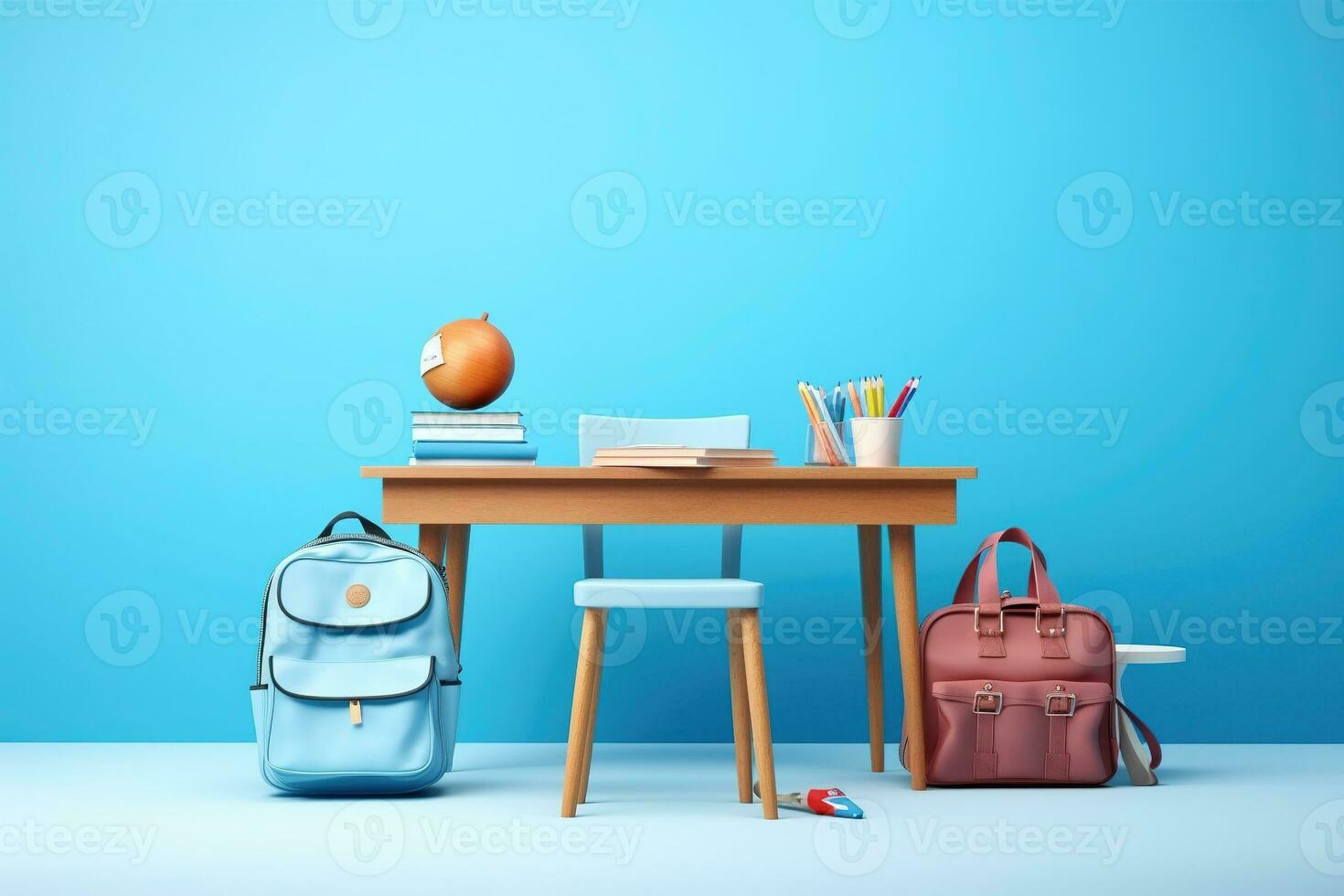 Back to school concept on blue background. Modern school bag, books, accessories and colorful pencils with abacus 3D Render 3D Illustration. Genrative by AI. photo