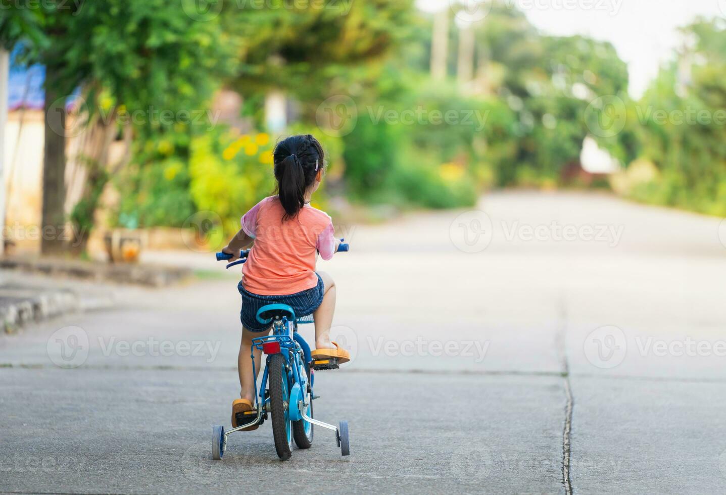 Backside of asian toddler girl child learning to ride bicycle in sunny summer day, kid cycling at park, baby sport concept photo
