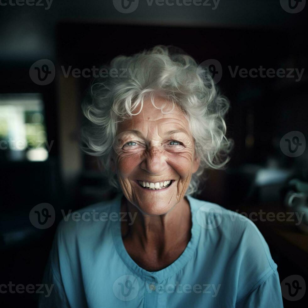 Generative AI, close-up of elderly smiling woman, happiness look photo