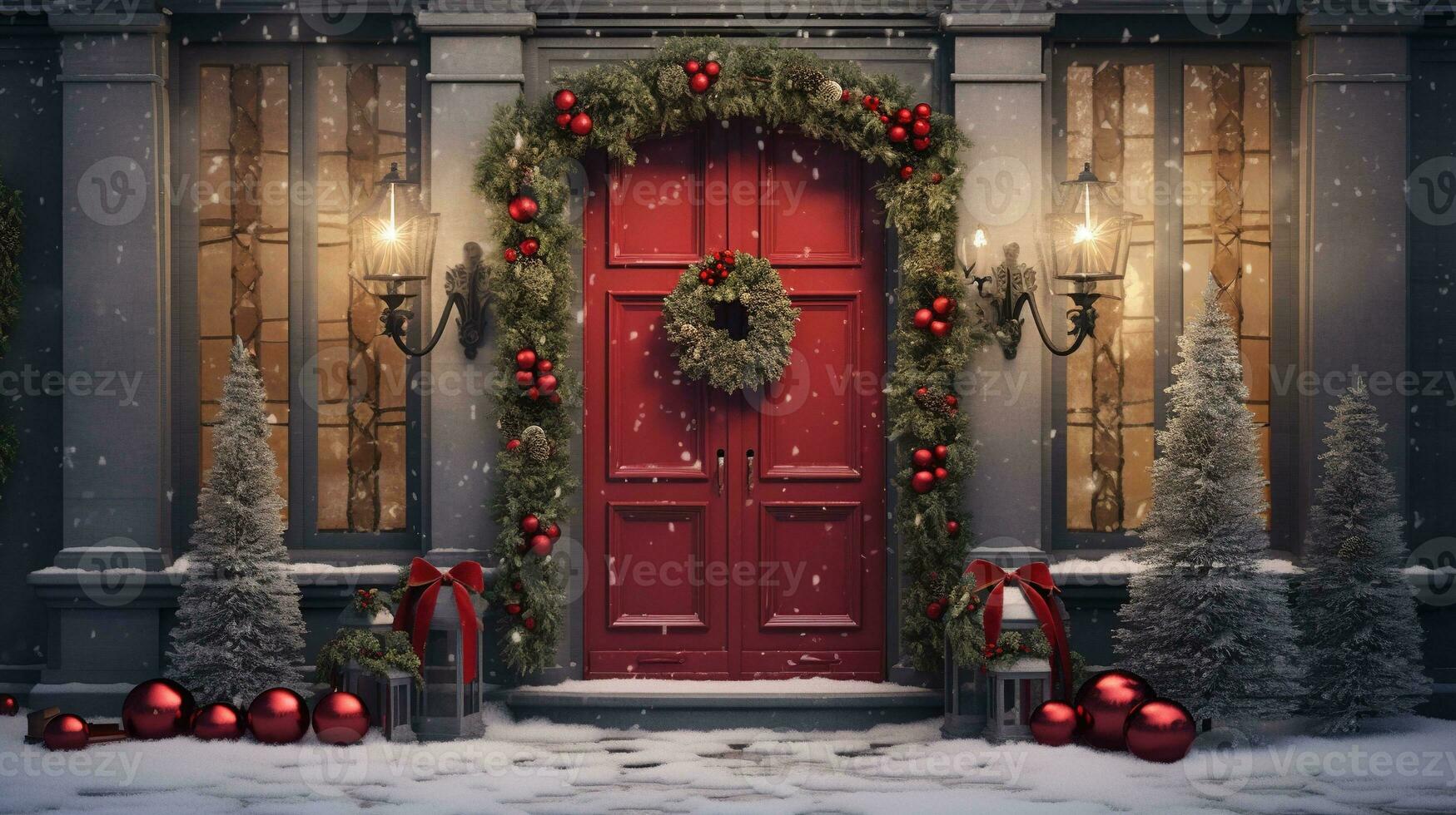 Generative AI, Front door with Christmas decoration, wreath and garland. Red and grey colors photo
