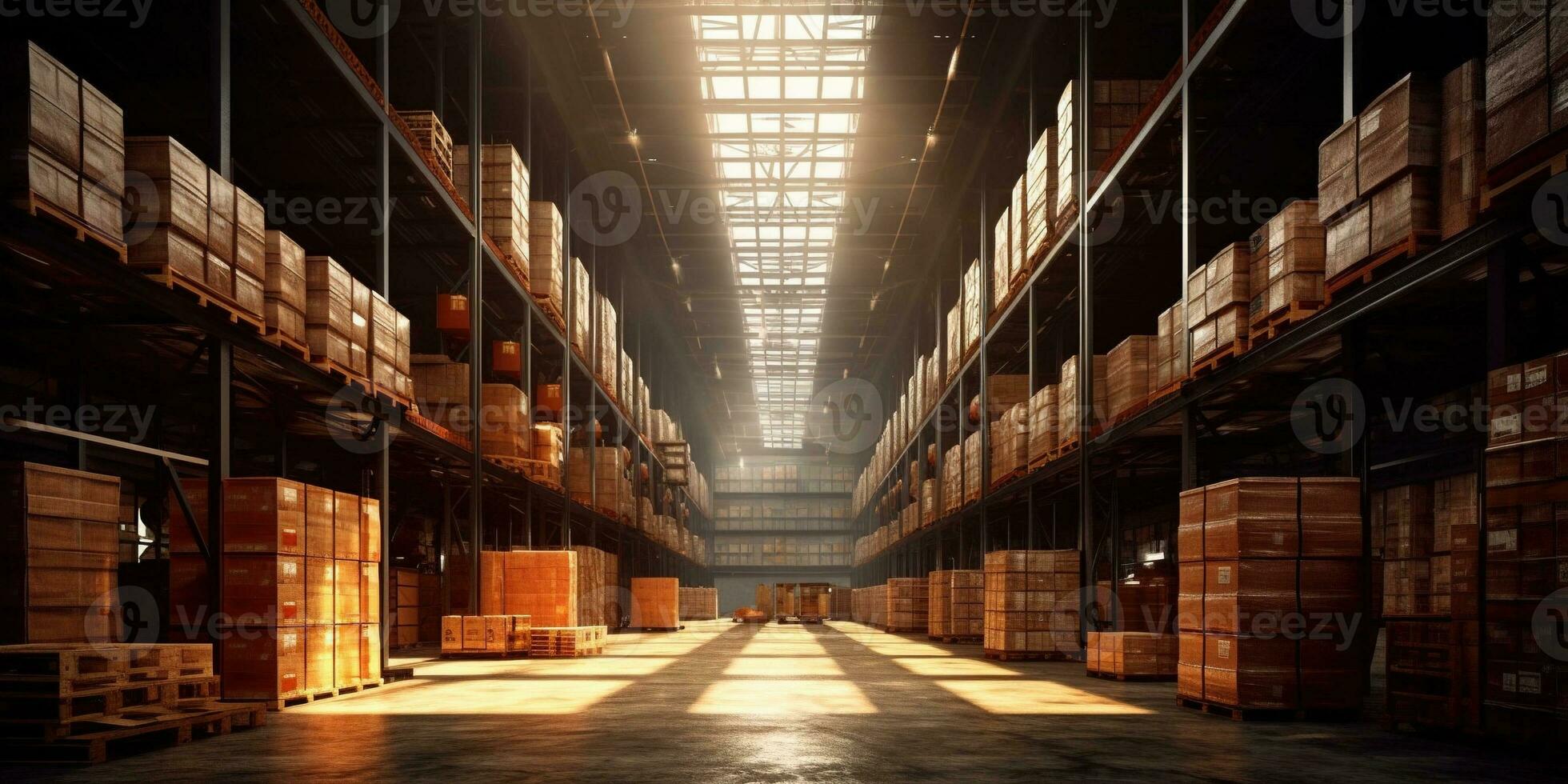 Generative AI, Warehouse interior with LED lighting, industry building, distribution retail center, part of storage and shipping system. photo