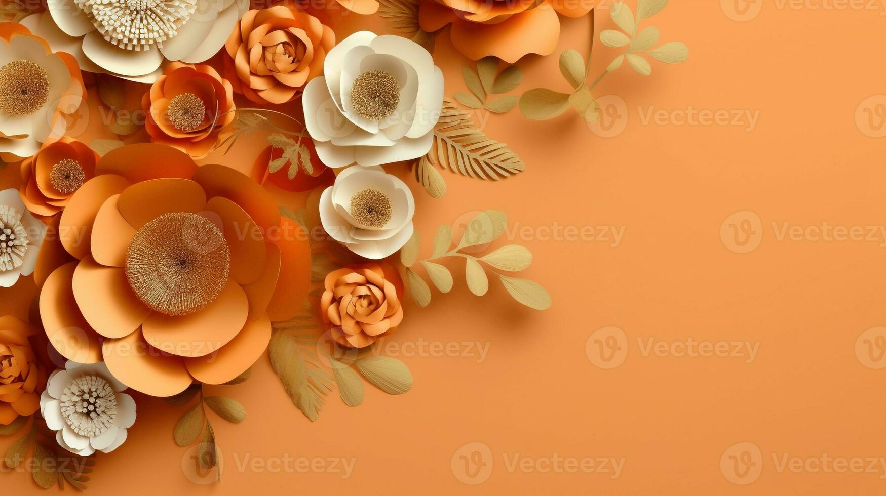 Generative AI, Paper cut craft flowers and leaves, apricot crush orange color, origami textured background, spring mood. Floral frame layout.. photo
