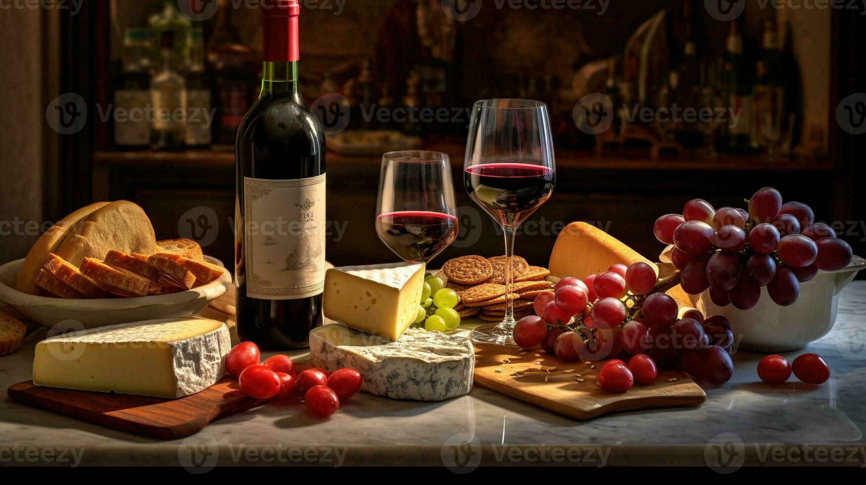 Generative AI, wine still life with grapes, rosemary, prosciutto, blue cheese, figs, bread. photo