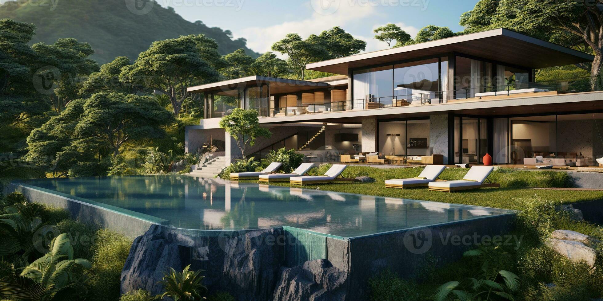 Generative AI, View of swimming pool in front of a modern luxury house. Villa, hotel resort photo