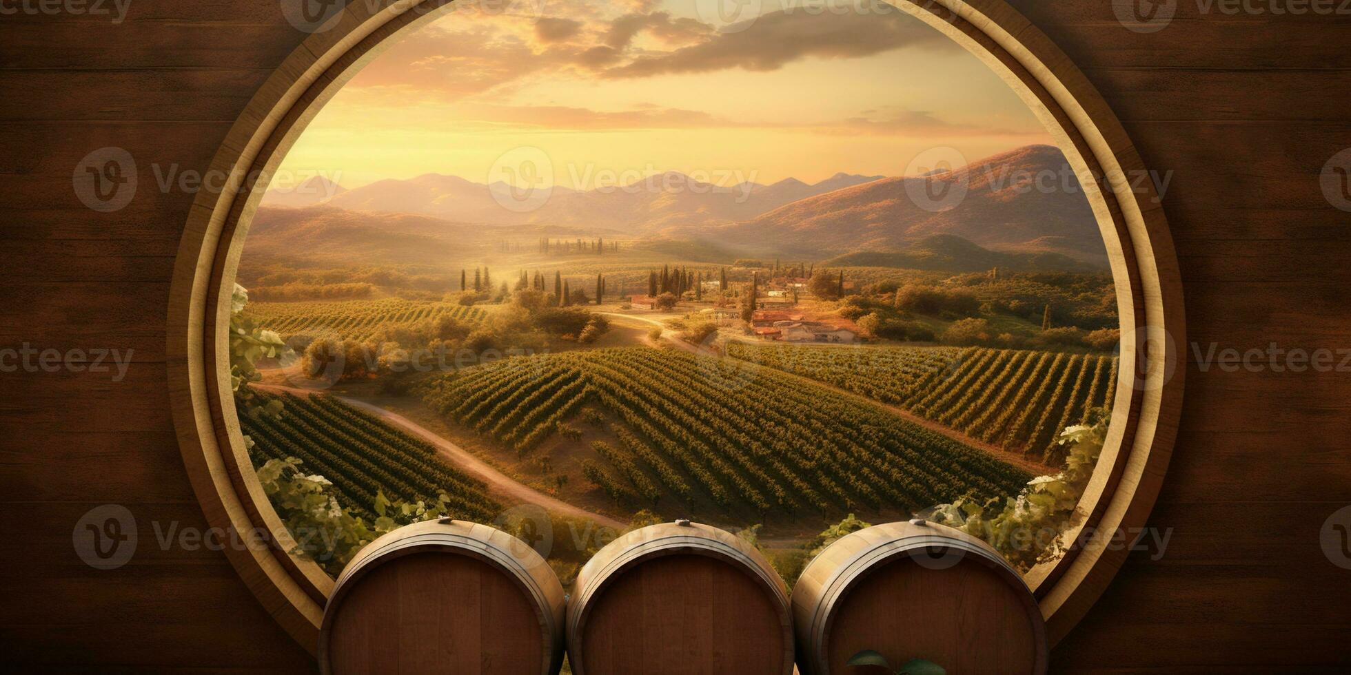 Generative AI, beautiful vineyard with wooden barrels, green landscape. Rows of vines on sunset photo