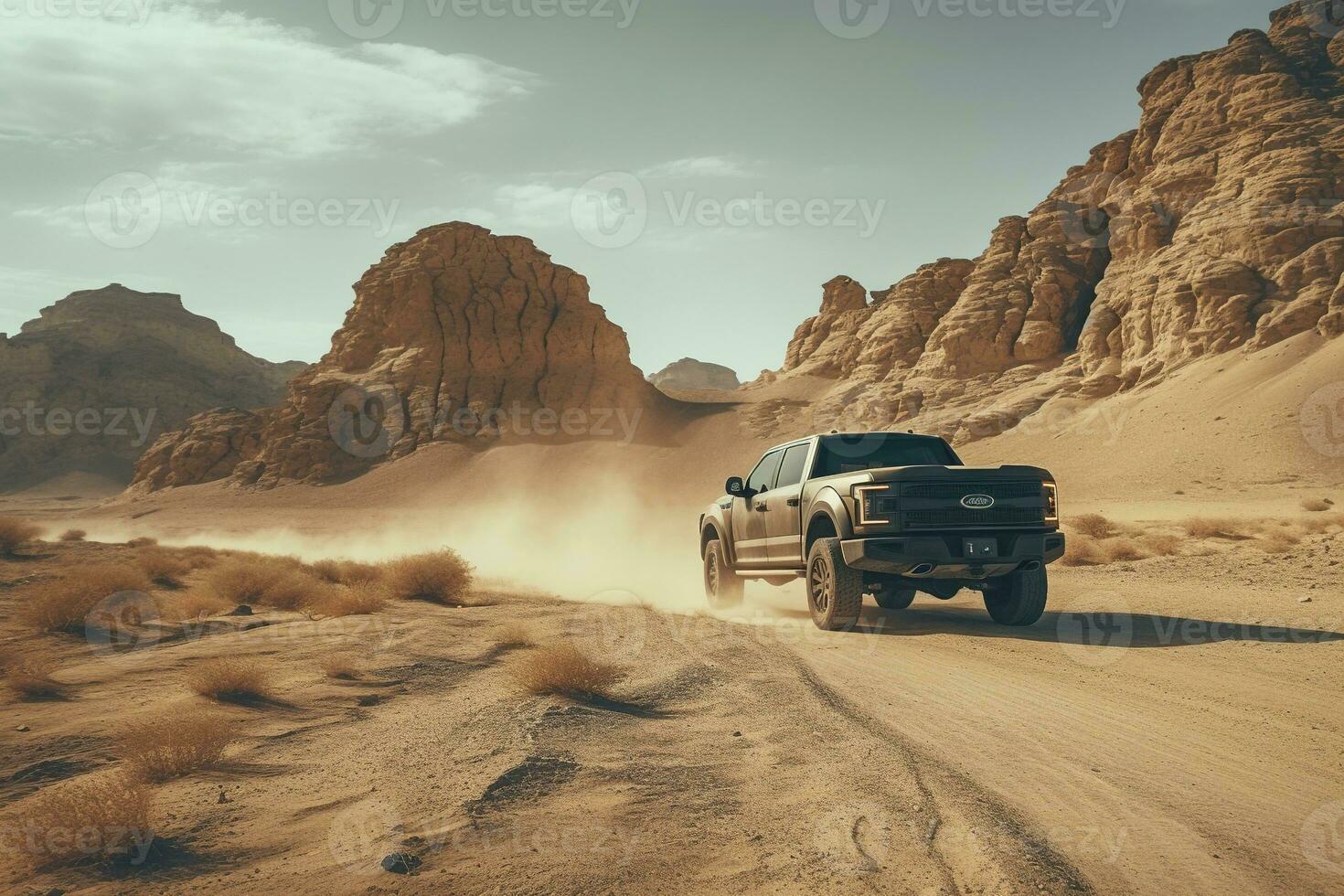 Generative AI, Off road car driving on a winding mountain desert road, surrounded by breathtaking views of the rugged terrain photo