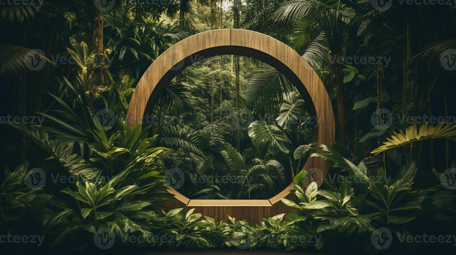 Generative AI, Empty circle wooden frame and tropical leaves on jungle background. For product display. photo