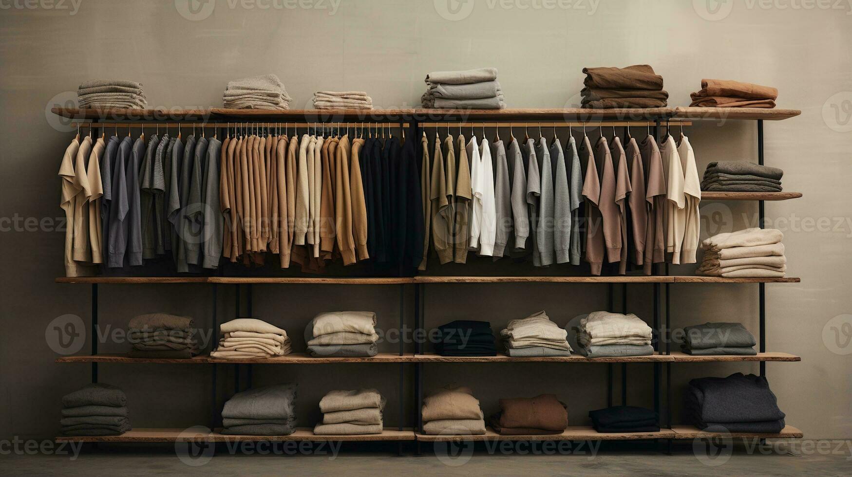 Generative AI, Cloth store aesthetic background, photo of clothes hanging on hangers, muted neutral colors