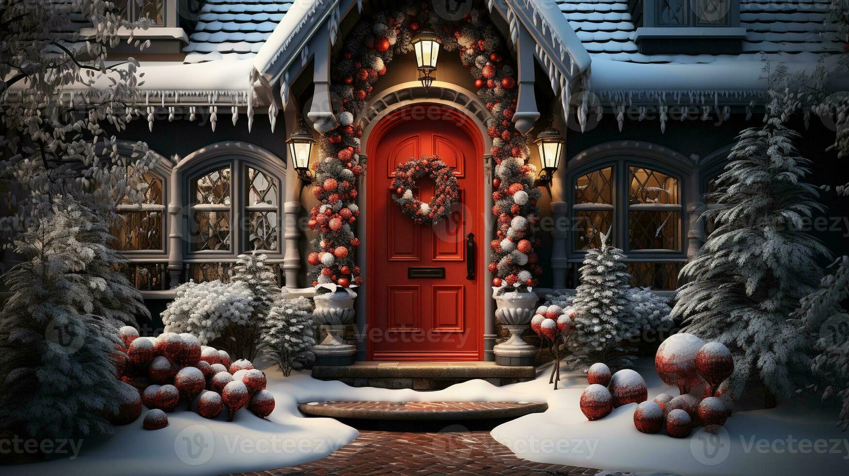 Generative AI, Front door with Christmas decoration, wreath and garland. Red and grey colors photo