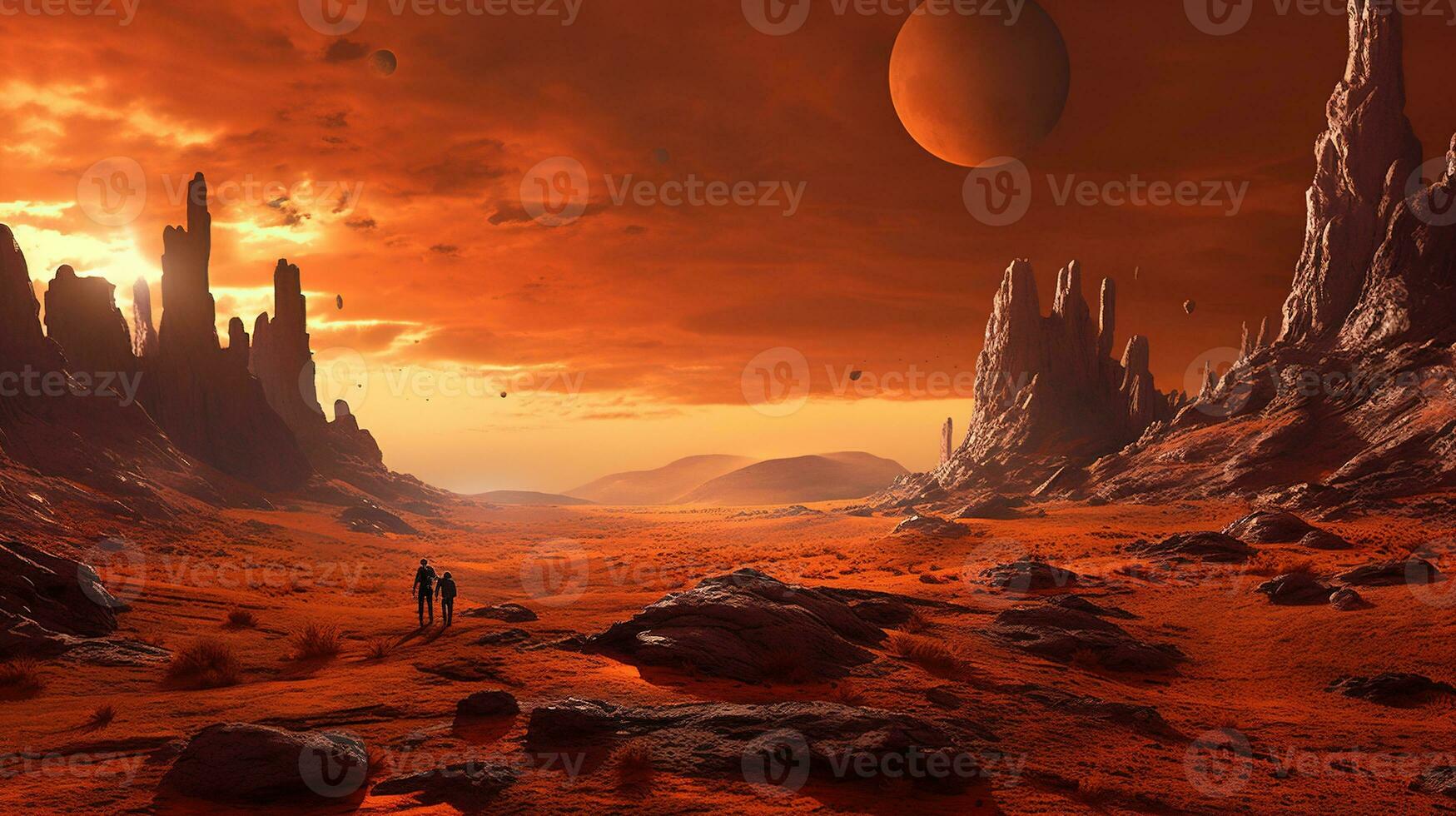 Generative AI, Surreal view from the orange planet landscape, sci-fi illustration, red martian terrain. photo