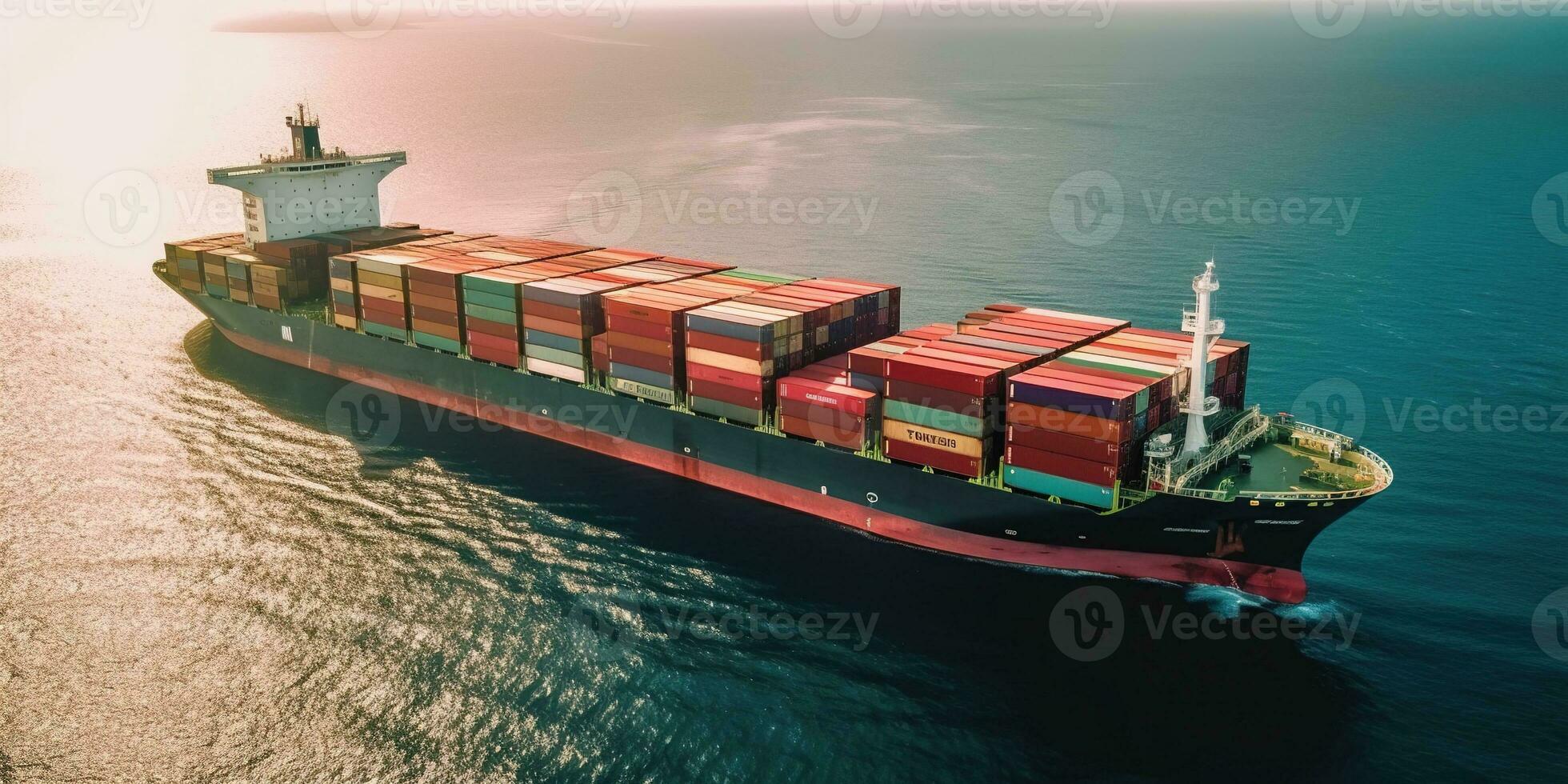 Generative AI, container ship in import export and business logistic. Aerial view, water transport, cargo shipping in open sea. photo