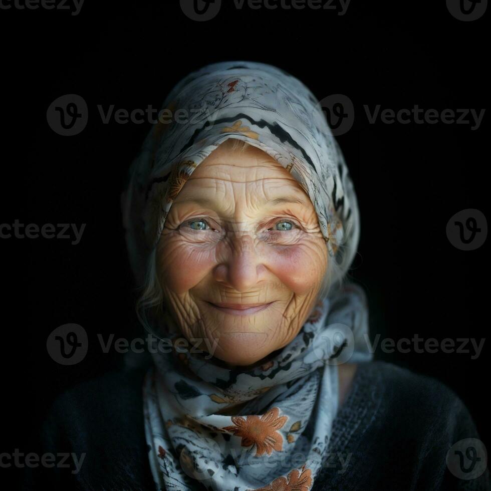 Generative AI, close-up of elderly smiling woman, happiness look photo