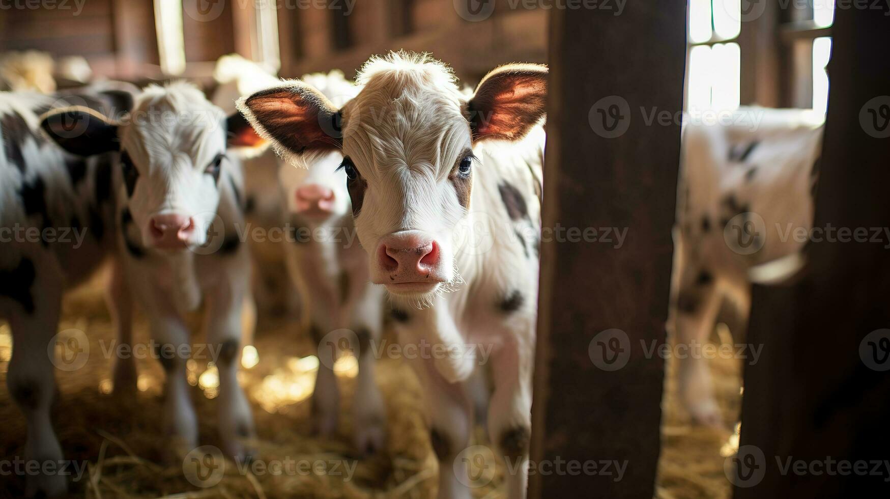 Generative AI, little calfs looking at the camera on a farm, baby cows photo