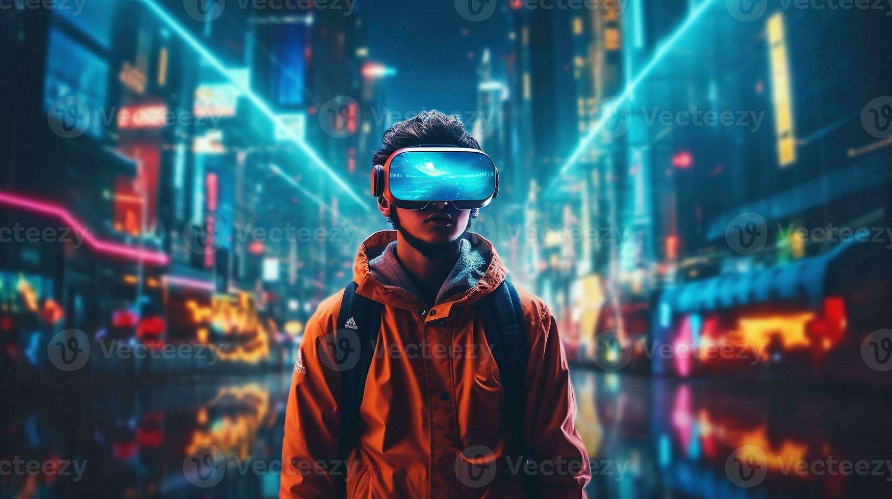 Generative AI, beautiful woman in VR glasses in neon space street, virtual reality headset  in cyberspace photo