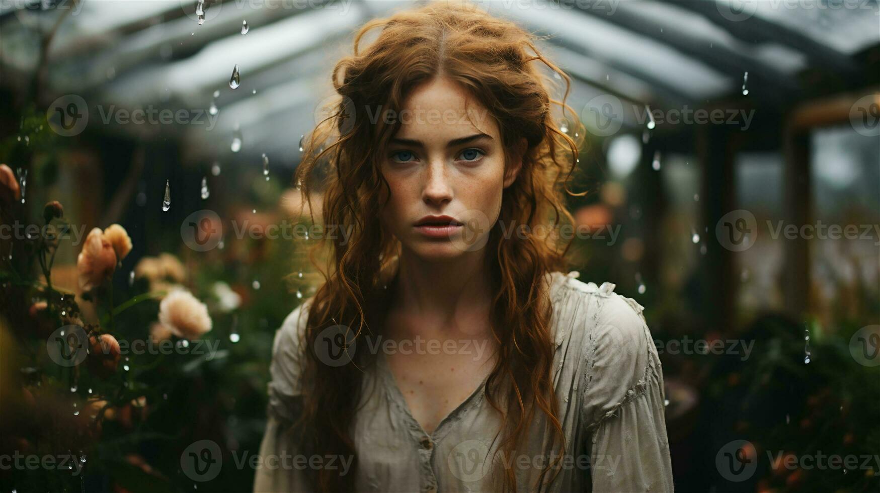 Generative AI, Beautiful girl with no make up in the autumn garden, aesthetic, muted neutral colors photo