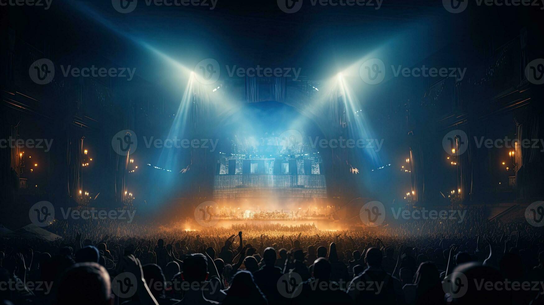 Generative AI, People crowd on music rock festival concert in stadium, big stage lit by spotlights. photo