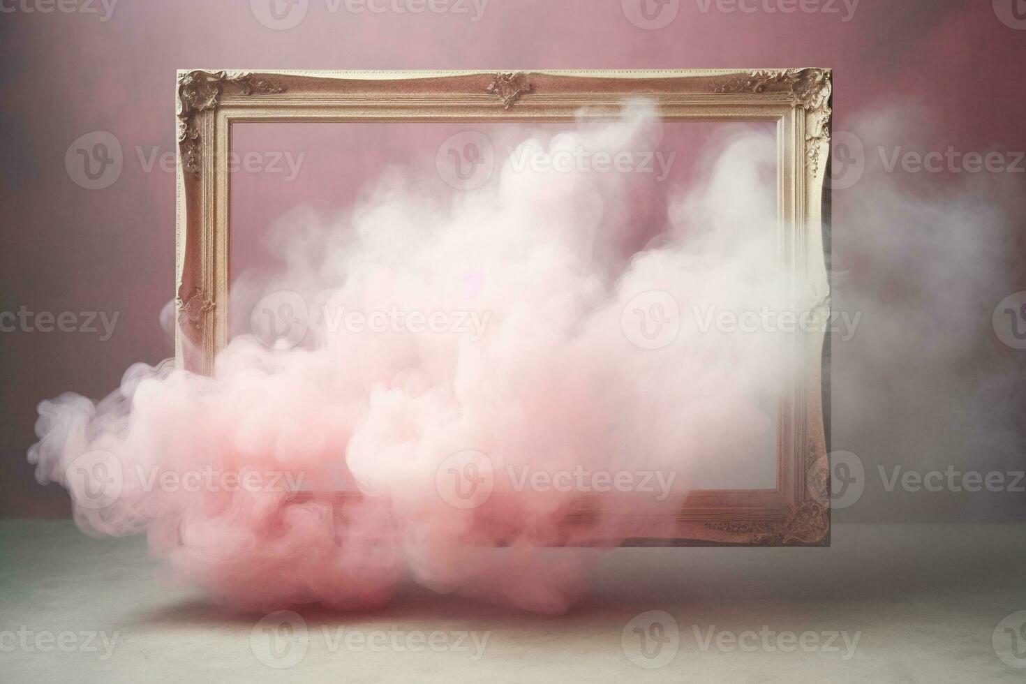 Generative AI, pastel light smoke around empty vintage beautiful frame. photo