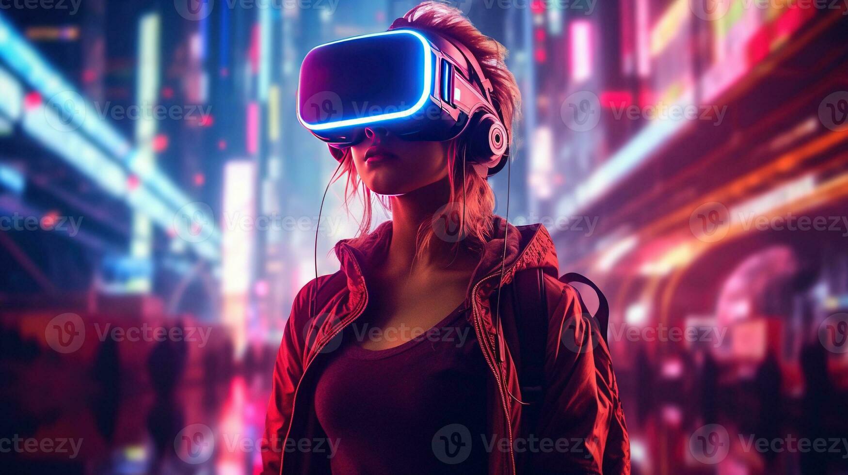 Generative AI, beautiful woman in VR glasses in neon space street, virtual reality headset  in cyberspace photo