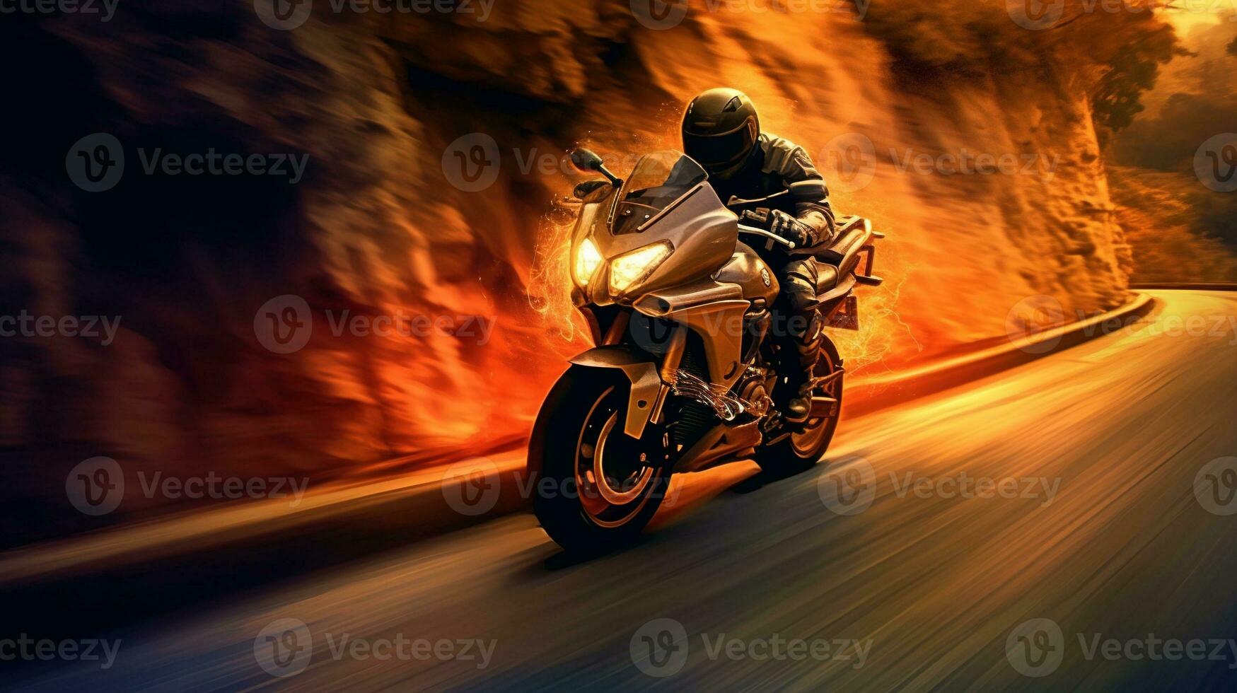 Generative AI, Motorcycle rider on street riding, sunset sky, having fun driving the empty highway on a motorcycle tour journey photo