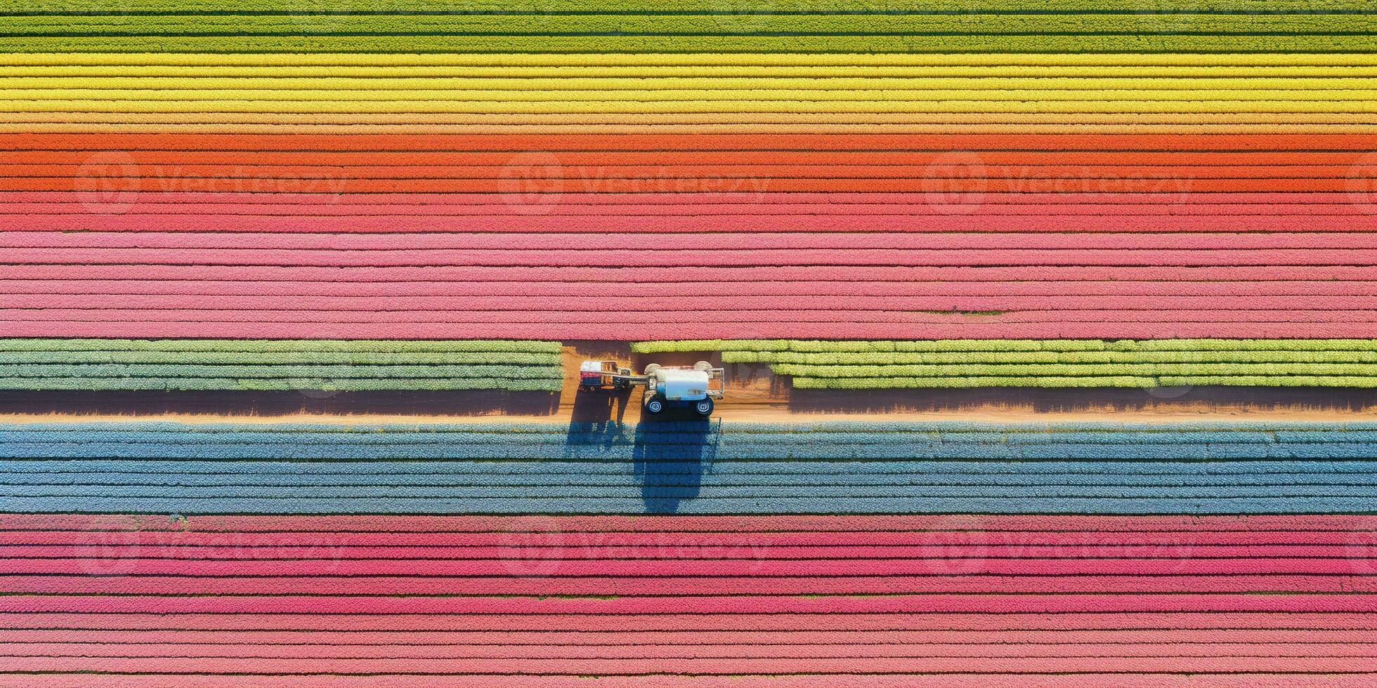 Generative AI, Farm colorful landscape, agricultural fields, beautiful countryside, country road. Nature Illustration, top view drone, horizontal banner. photo