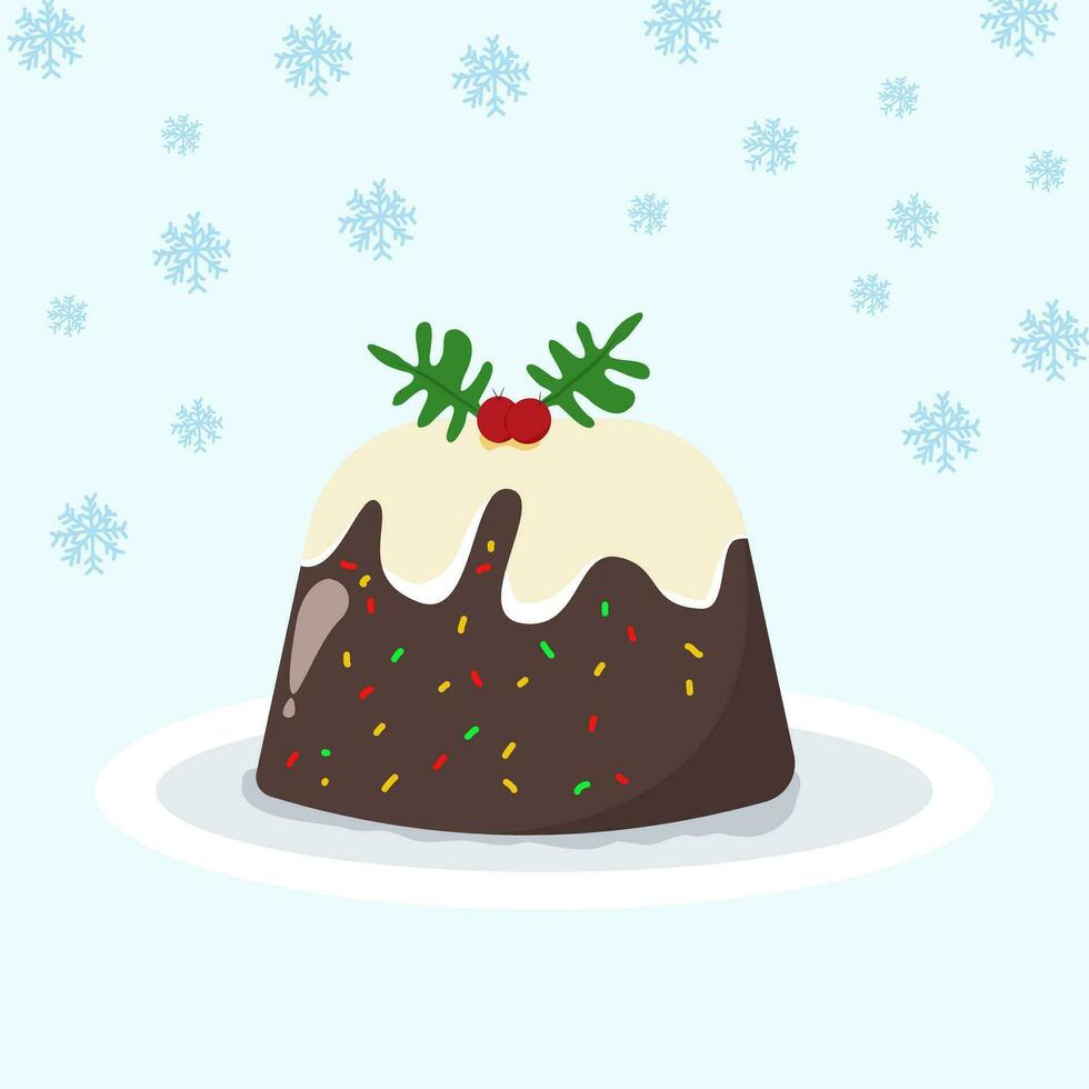 Christmas pudding vector traditional holiday season dessert with a creamy top. With snow background