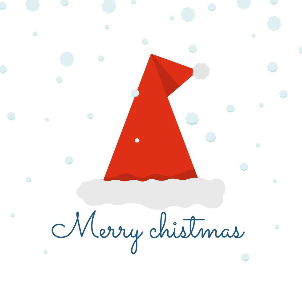 Merry Christmas card with santa claus hat on white background with snow falling and Christmas Greeting. vector illustration.