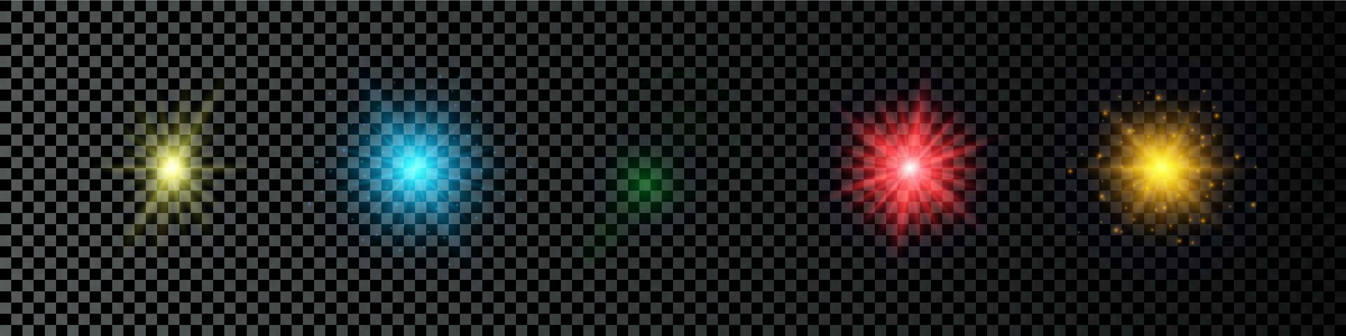 Light effect of lens flares. Set of five multicolor glowing lights starburst effects with sparkles on a dark background. Vector illustration