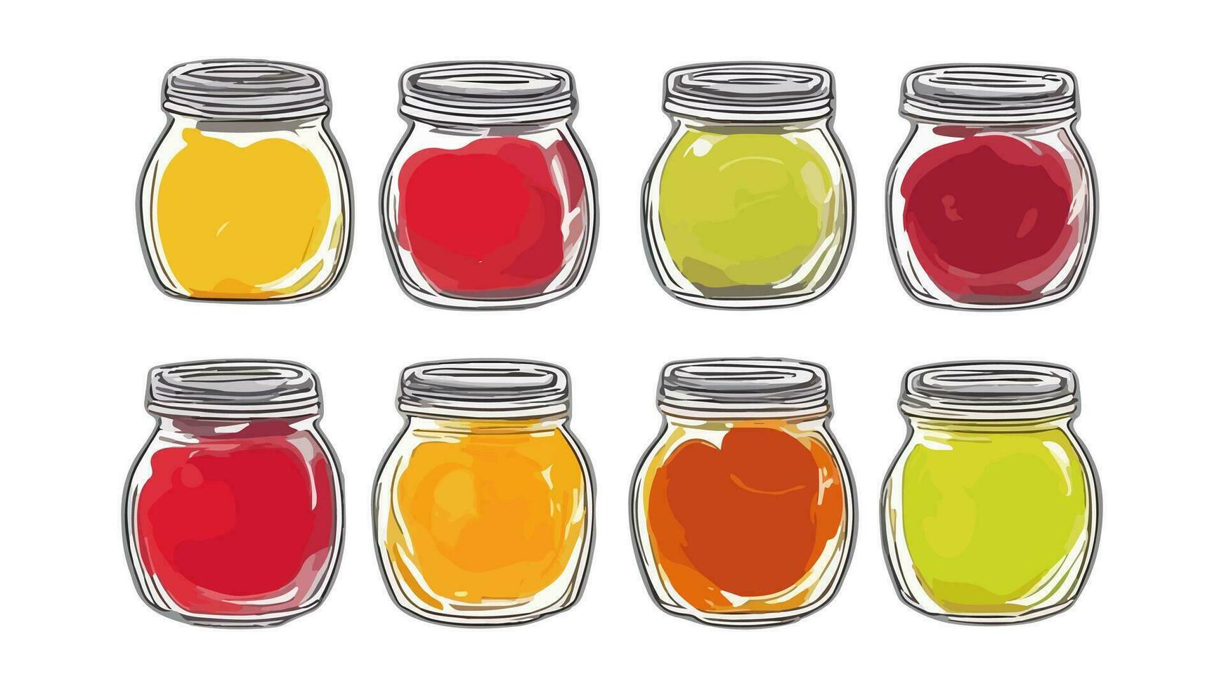 Set. Fruit and berry jam, confiture, marmalade. Vector isolated. Canned fruit juice, compote. 8 colorful jars of fruit jam. Yellow, red, orange, green. Home canning. Vitamins. Vegan dessert.