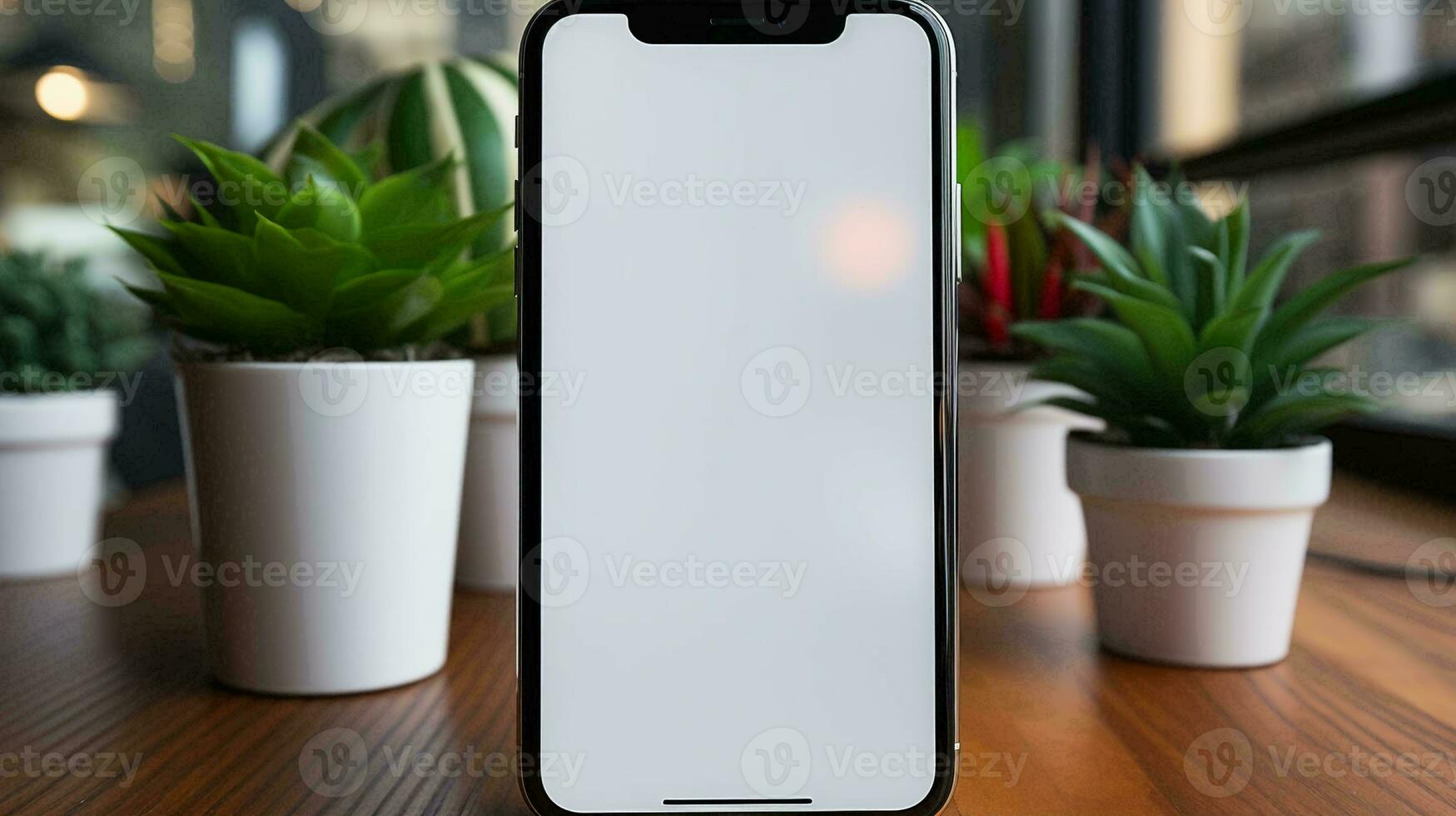 A mockup of a mobile phone smartphone touch screen with a blank white screen stands on a table against a blurred background. AI generated photo