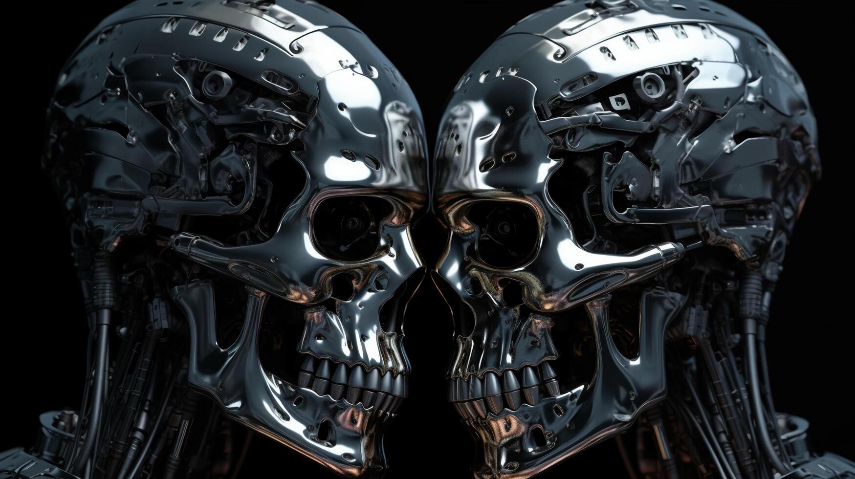 Two metallic shiny iron futuristic hi-tech skulls of cyborg robots looking at each other on a black background. photo