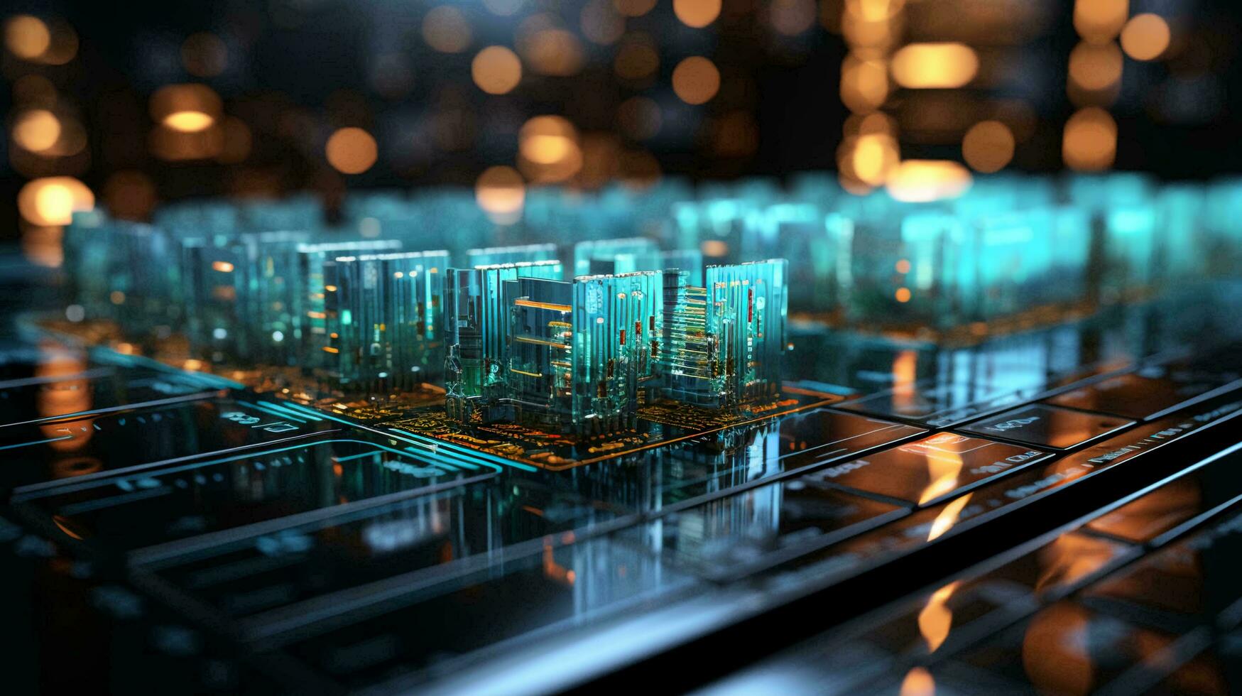 Computer futuristic high tech circuit board with microcircuits and electronic chips with transistors and resistors. AI generated photo