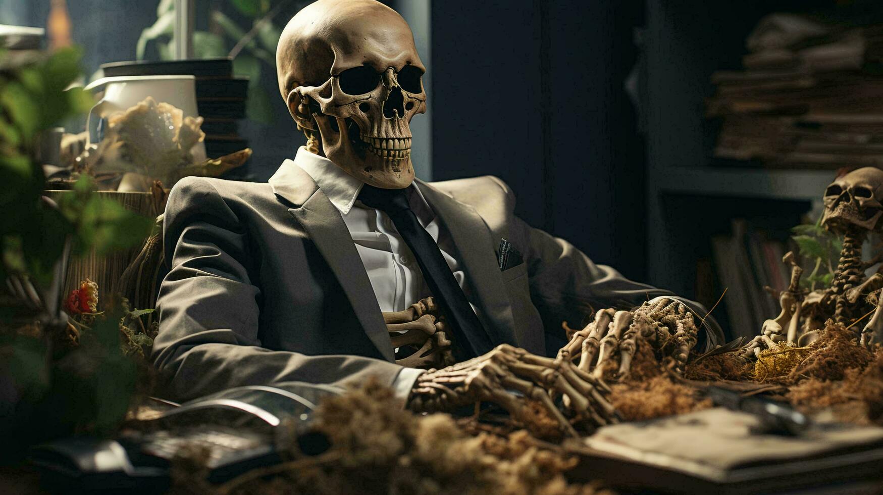 Skeleton businessman at the desk in the office working at the computer. The concept of burnout at work. AI generated photo