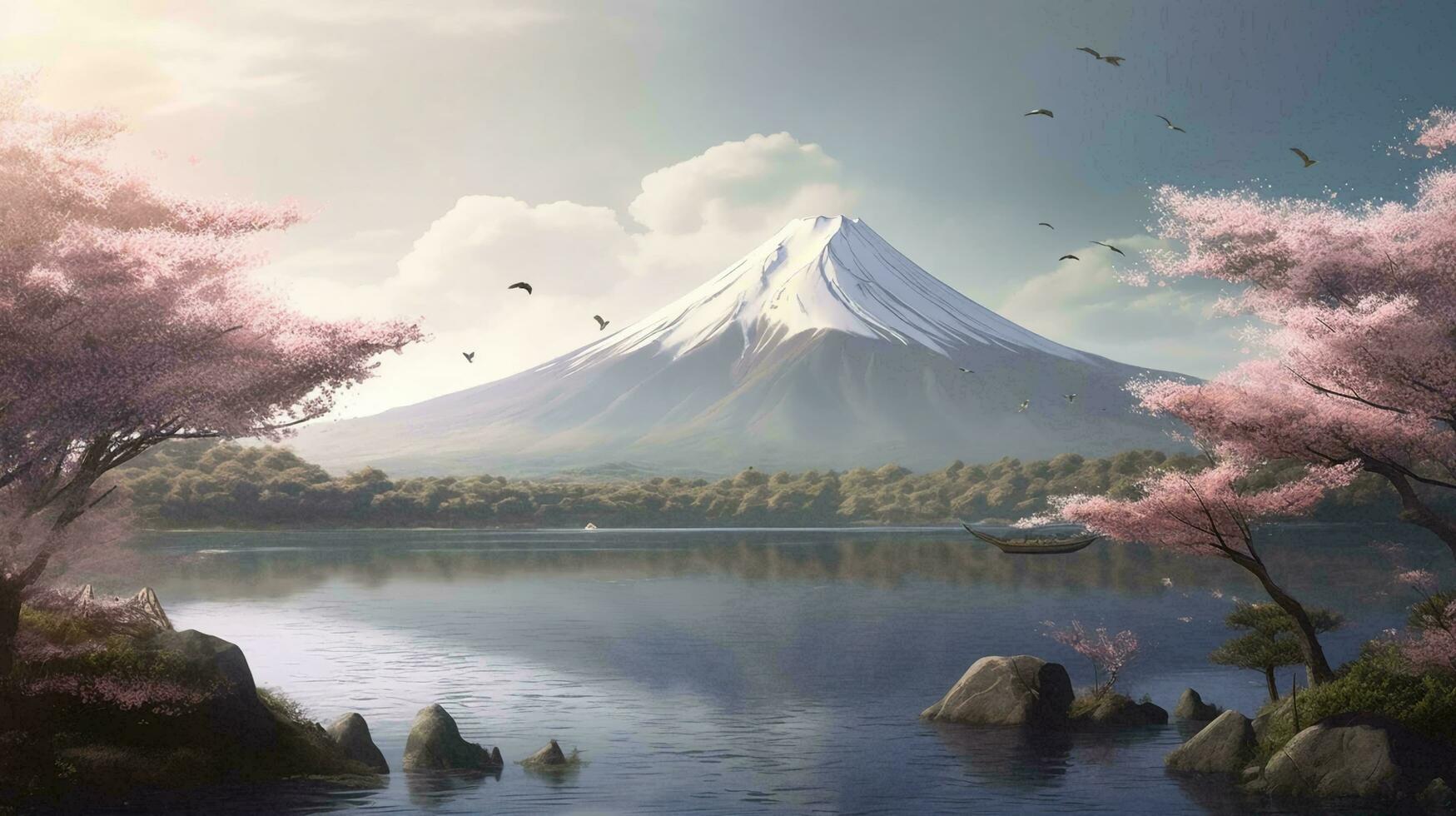 A large mountain with a snow cap at the top in japan with cherry blossoms in the background of a cystic lake landscape. AI generated photo