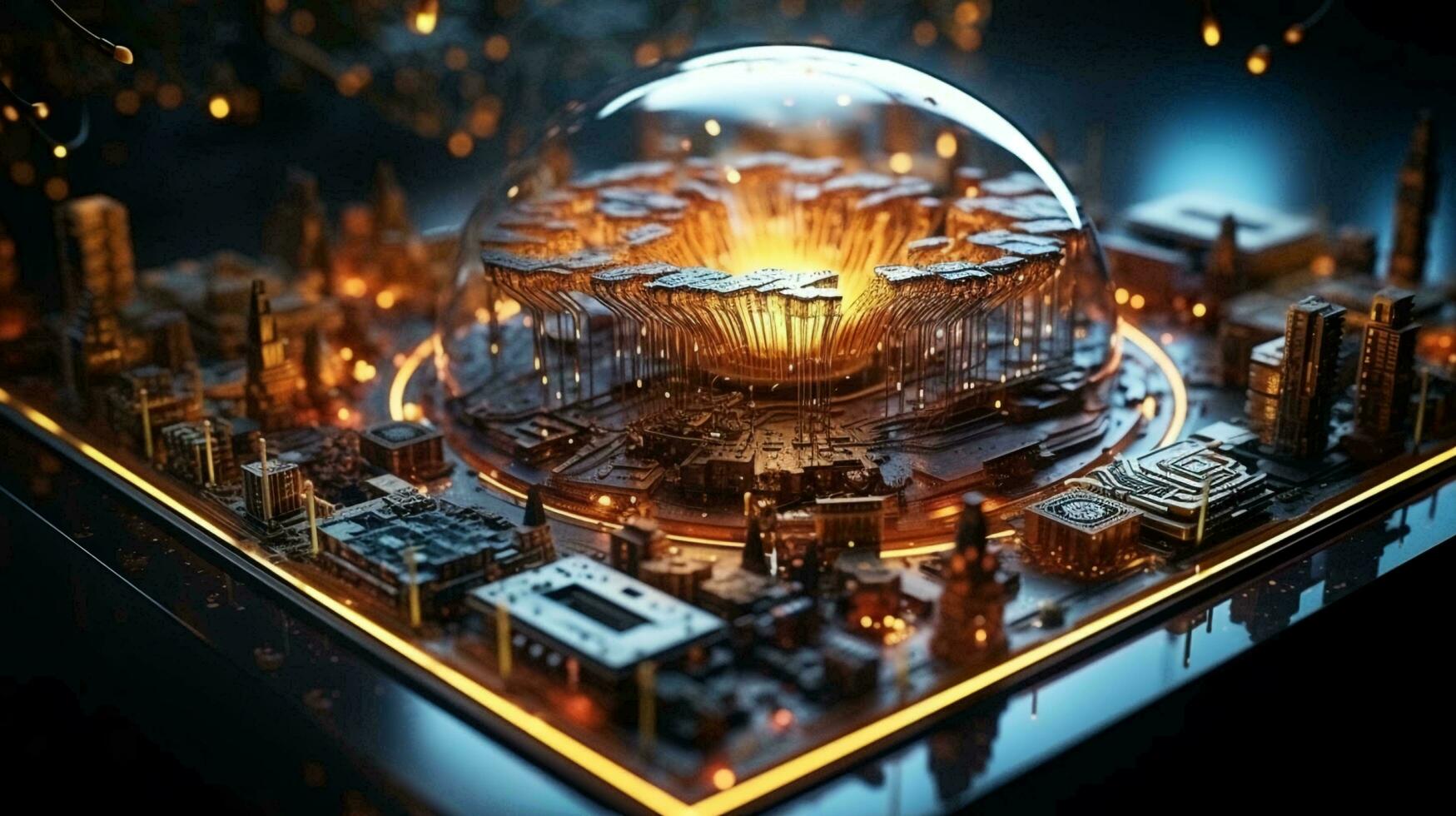 The concept of a Futuristic high-tech big smart city with computer technology microchips and microchips with processors and transistors to control artificial intelligence. AI generated photo