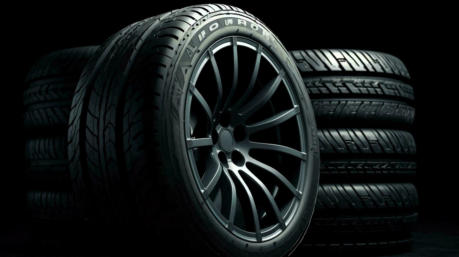 Black round car tires with rubber tread on alloy wheels on a black background. AI generated photo