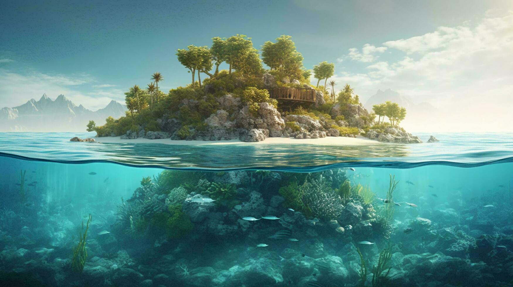 View of a paradise tropical island and corals with algae View of a paradise tropical island and corals with algae