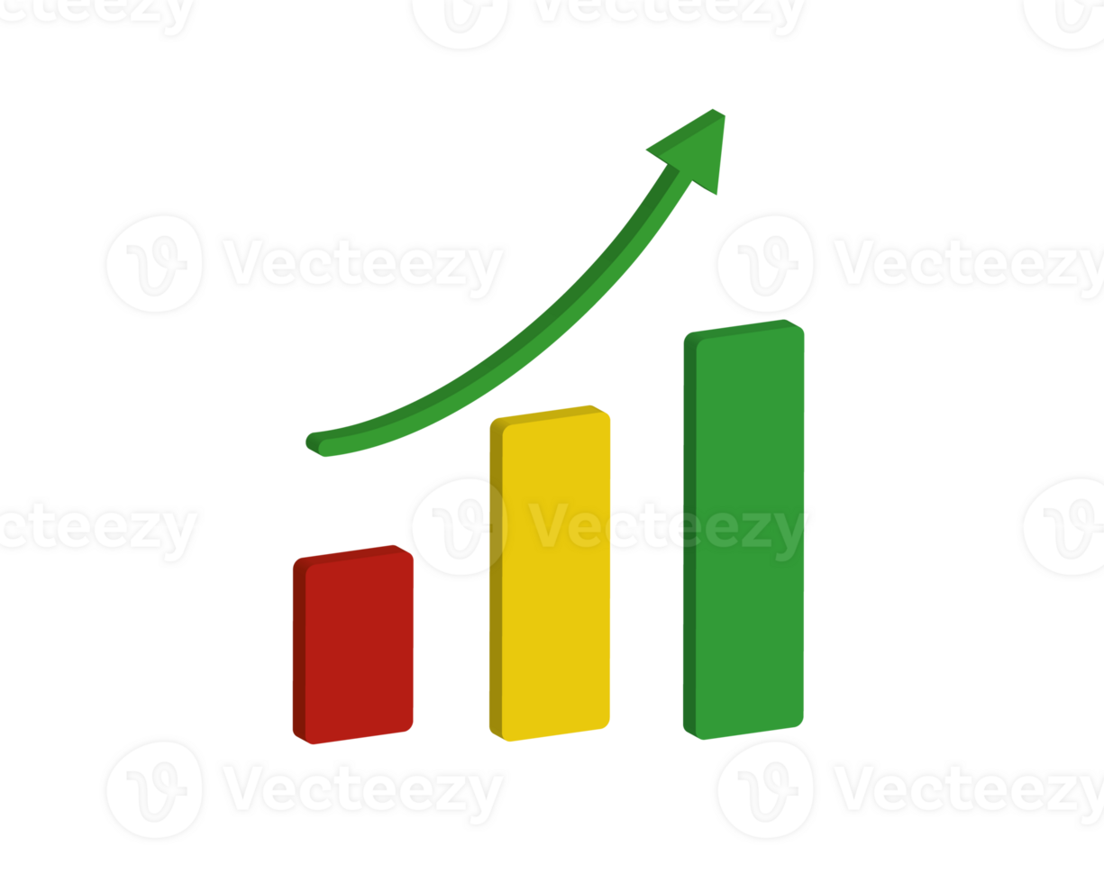 Up arrow following increasing 3D graph icon. Ascending graph with red, yellow and green bars. 3D illustration. Positive forecast concept png