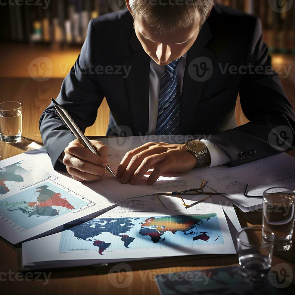 Business Man Working Analysis standing charts of Graph Illustration photo