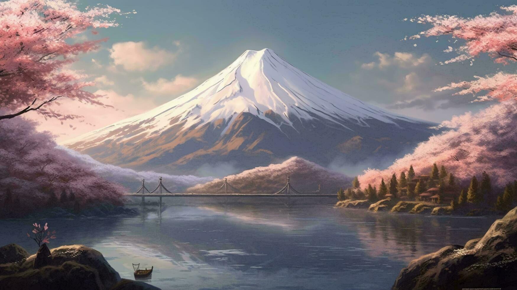 A large mountain with a snow cap at the top in japan with cherry blossoms in the background of a cystic lake landscape. AI generated photo