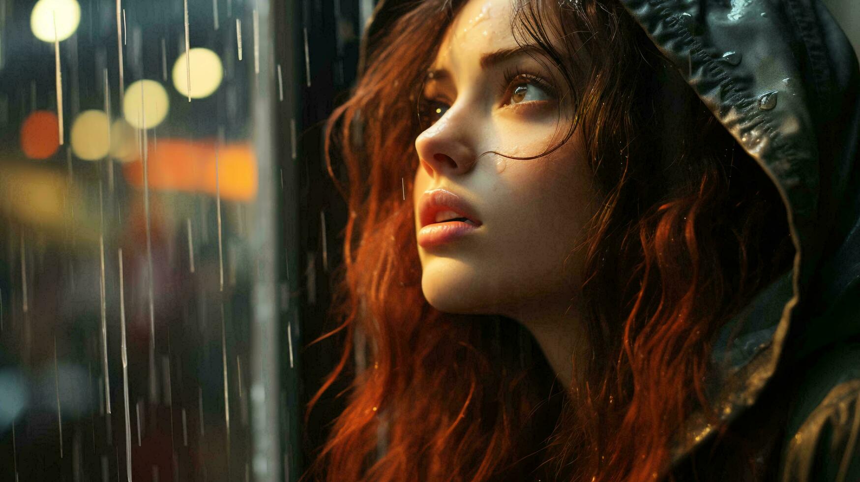 un hermosa pensativo mujer mira fuera el ventana a noche durante el lluvia y gotas fluir abajo el vaso. cara de un triste niña de cerca. ai generado foto