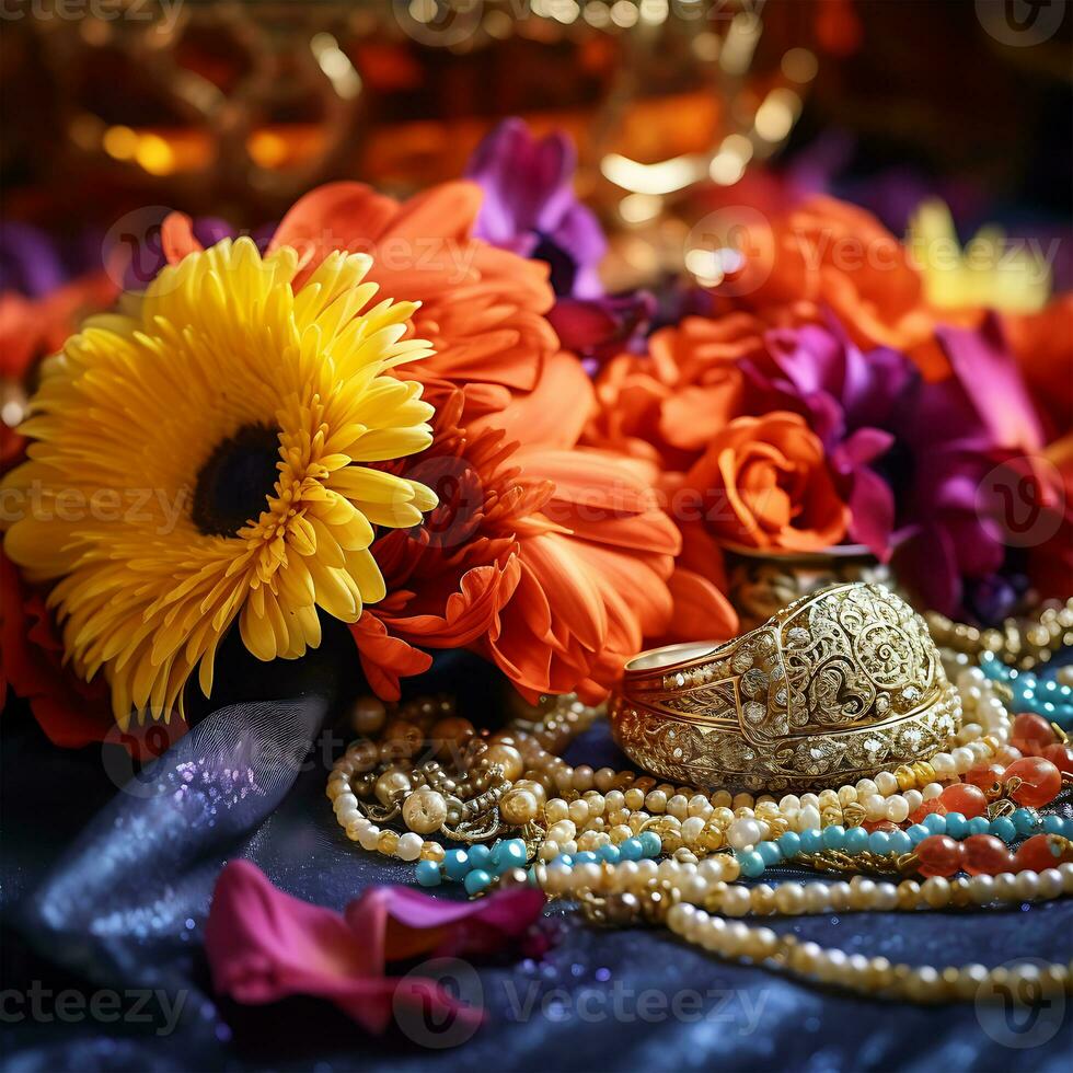 Indian culture celebrates jewelry necklaces with flowers and colorful backgrounds photo