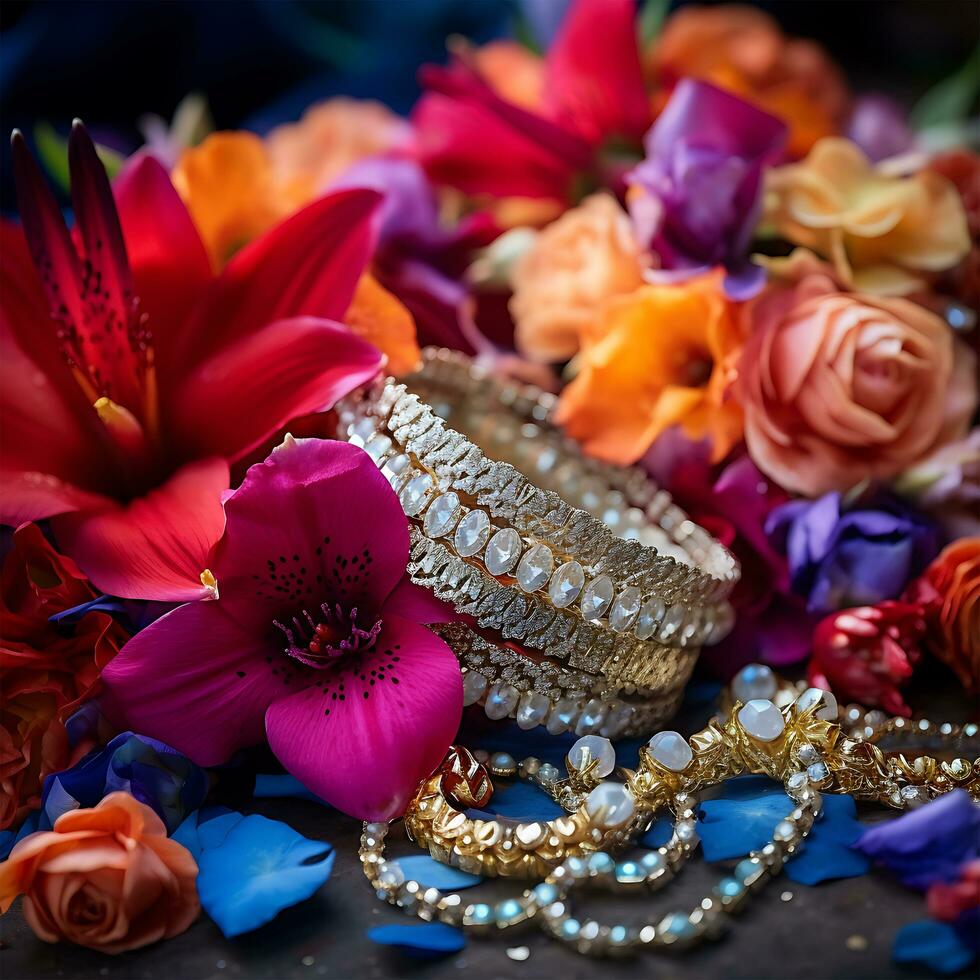 Indian culture celebrates jewelry necklaces with flowers and colorful backgrounds photo