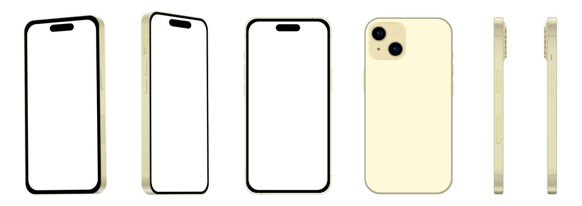 Set of 6 pieces from different angles, 15 yellow smartphone models NEW, mockup for web design on white background vector