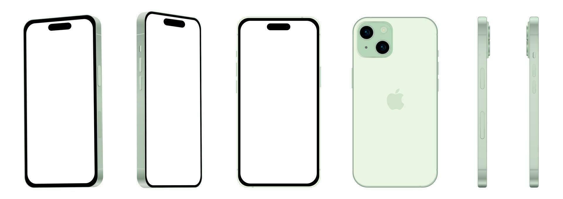 Set of 6 pieces from different angles, green Apple iPhone 15 smartphone, mockup for web design on white background vector