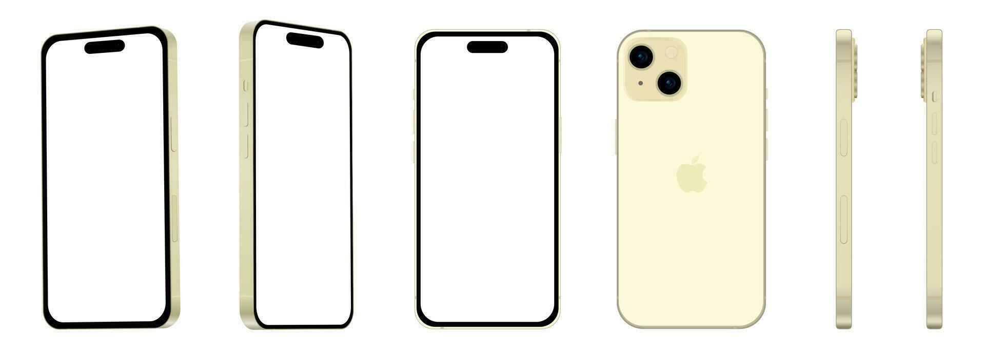 Set of 6 pieces from different angles, yellow Apple iPhone 15 smartphone, mockup for web design on white background vector